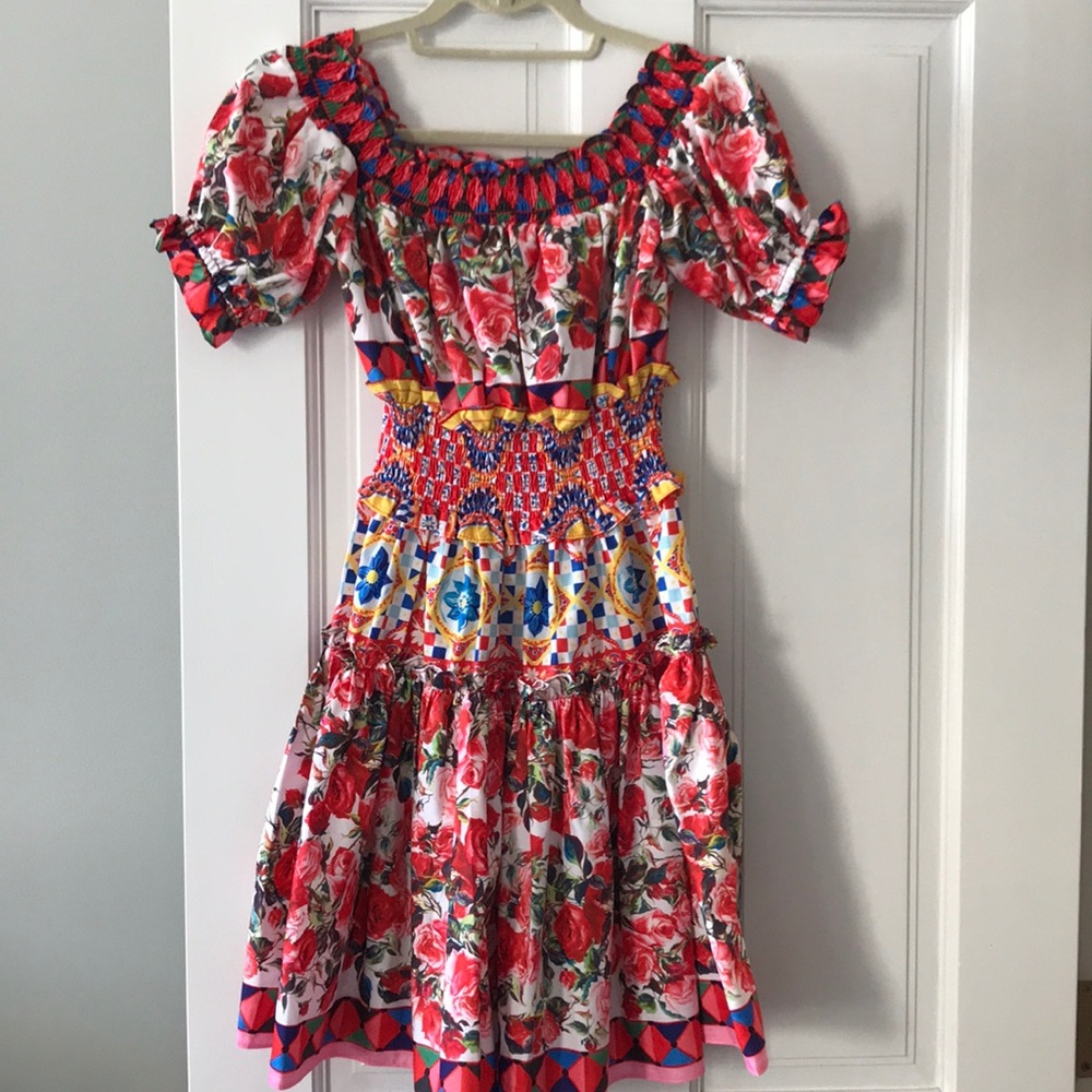 Nouveau Riche Red Floral Smocked Midi Dress with Blue and Yellow Accents